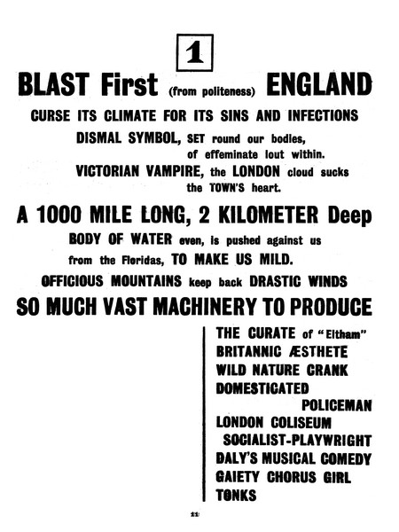 The first page of the Vorticist Manifesto, from the first installment of BLAST (click to enlarge). Source: the Modernist Journals Project at Brown University. http://dl.lib.brown.edu:8081/exist/mjp/index.xml