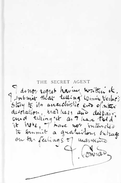 Title page of The Secret Agent with manuscript note by Conrad (click to enlarge). Source: Beinecke Rare Book and Manuscript Library, Yale University. Bibliographic Record Number: 39002036137967.