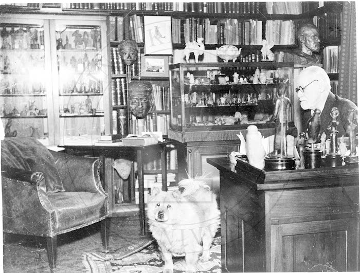 Sigmund Freud and dog in his study, by Hilda Doolittle. Source: Yale Collection of American Literature, Beinecke Rare Book and Manuscript Library. Bibliographic Record Number: 39002035067041.